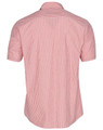 A men's short sleeve button-up shirt featuring a red and white vertical stripe pattern and a logo on the back.