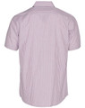 A short-sleeve button-up shirt featuring a vertical stripe pattern in shades of red and white. It has a collar and a logo.