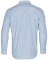 A long sleeve button-up shirt featuring a blue and white stripe pattern, with a collar and cuff buttons.