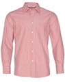 A long sleeve button-up shirt featuring red and white stripes, with a collar and button closure, and a logo on the label.