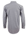 A black and white gingham check roll-up long sleeve shirt with a button-up design and a logo.