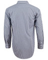 A men's long-sleeve shirt featuring a navy and white gingham check pattern, with roll-up sleeves and a logo.