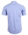 A short-sleeved button-up shirt featuring a two-tone blue check pattern and a logo on the back.