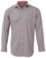 A men's black and white gingham check roll-up long sleeve shirt with a contrasting inner collar. Features a chest pocket and logo.