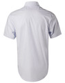 A light blue short-sleeve button-up shirt with a plain back and a branding logo.
