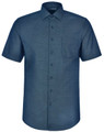 A short-sleeved blue button-up shirt featuring a pin dot pattern and a single chest pocket. It has a logo on the collar.