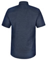 A short-sleeved men's button-up shirt in navy blue with a pin dot pattern and a logo on the back.