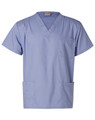 A unisex short sleeve tunic top in light blue, featuring a v-neck and side pockets. It has a logo.
