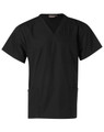 A black unisex short sleeve tunic top with a V-neck and two front pockets. It features a logo on the label.