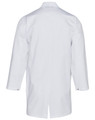 A white unisex long sleeve lab coat with a back view, featuring buttons at the cuffs and a simple design.