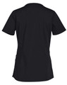 A black ladies' short sleeve scrub top with a simple, solid design and a logo at the back.