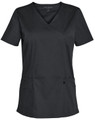 A dark green ladies' short sleeve scrub top with a V-neck and two front pockets. It features a logo.