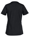 A black women's scrub top with short sleeves and a fitted design, featuring a logo on the back.