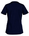 A navy blue ladies' scrub top with short sleeves and a simple design, featuring a logo on the back.