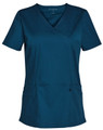 A solid colour short sleeve scrub top in teal with a v-neck design and two front pockets.