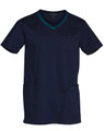 Men's scrub top in navy blue with contrast colour detailing and a pocket at the front. Features a logo.