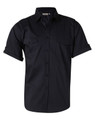 A black men's short sleeve military shirt with button-up front and two chest pockets, featuring rolled-up sleeves.