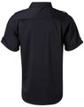 A black short sleeve military-style shirt, featuring a button-up design and rolled sleeves. It has a logo on it.