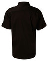 A black men's short sleeve military shirt with a button-up design and rolled sleeves. Features a logo on the back.