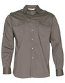 A men's long sleeve military shirt in olive green with button-up front and two chest pockets. Features a logo.
