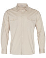 A beige long sleeve military-style shirt with two chest pockets and shoulder epaulettes. It features a button-up front and has a logo.