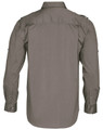 A men's long sleeve military shirt in khaki green, featuring button-up details and shoulder epaulettes.