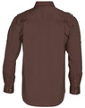 A brown long sleeve military shirt with button-up front and shoulder epaulettes. Features a logo on the shirt.