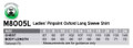 A table displaying sizes and measurements for a women's pinpoint oxford long sleeve shirt in various dimensions.