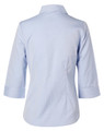A light blue women's button-up shirt with 3/4 sleeves and a collar, featuring a branding logo.