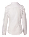 A women's white long-sleeve cotton/poly stretch button-up shirt, featuring a back view and a logo on the label.