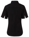 A black women's short-sleeved button-up shirt with a standard collar and a logo.