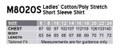 A chart displaying size measurements for a women's cotton/poly stretch short sleeve shirt in a tailored fit.