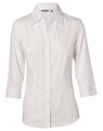 A white women's cotton/poly stretch 3/4 sleeve button-up shirt with a collar and a logo.