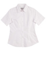 A white women's short-sleeve button-up Oxford shirt. It features a fitted design and includes a logo.