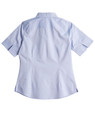 A light blue women's button-up shirt with short sleeves and a back yoke, featuring a logo.