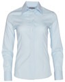 A light blue women's self-stripe long-sleeve button-up shirt with a collar and a logo.