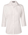 A white women's self-stripe 3/4 sleeve button-up shirt with a collared neckline and a logo.