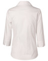 A white women's self-stripe 3/4 sleeve button-up shirt with a tailored fit and a back yoke detail.