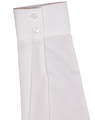 A white striped long-sleeve shirt featuring a button-up collar and two buttons on the cuff. It includes branding details.