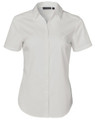 A white short-sleeved button-up shirt featuring a dobby striped pattern and a logo on the collar.