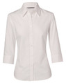 A white women's button-up shirt with a mini herringbone pattern and 3/4 sleeves. Features a collar and buttons down the front.