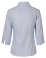 A light blue women's mini herringbone button-up shirt with 3/4 sleeves and a back view design.