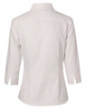A women's white mini herringbone button-up shirt with 3/4 sleeves and a collared neck. It features a logo on the back.