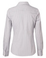 A women's long-sleeve button-up shirt in light blue and white ticking stripes, featuring a collar and back yoke.