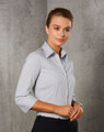A button-up shirt with a ticking stripe pattern, featuring three-quarter sleeves in grey and white.