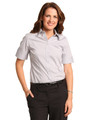 A short-sleeved women's button-up shirt with a light grey ticking stripe pattern, featuring a professional collar and fitted design.