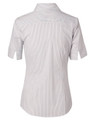 A women's short-sleeve button-up shirt in a ticking stripe pattern, featuring light grey and white colours.