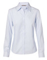 A light blue, fine stripe long sleeve button-up shirt for women, featuring a collar and button front.