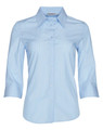 A light blue women's pinstripe 3/4 sleeve button-up shirt with a collar and a logo tag.