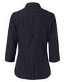 A women's navy pinstripe button-up shirt featuring 3/4 sleeves and a collar, with a logo present on the design.